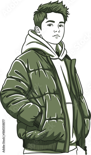 Stylized illustration depicts a young man wearing a thick olive green puffer jacket over a grey hooded sweatshirt for cold weather