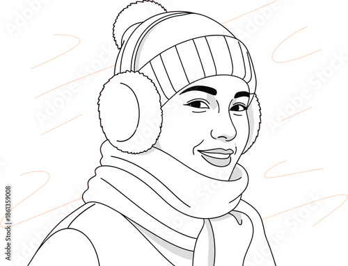Minimalist line art portrait of a cheerful woman bundled up in winter hat and earmuffs against an orange background