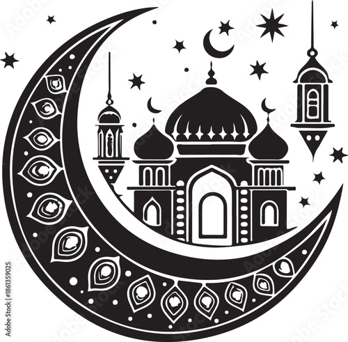 Vintage travel art set featuring a vector illustration of the Taj Mahal India monument landmark with architectural dome and tower silhouette design elements