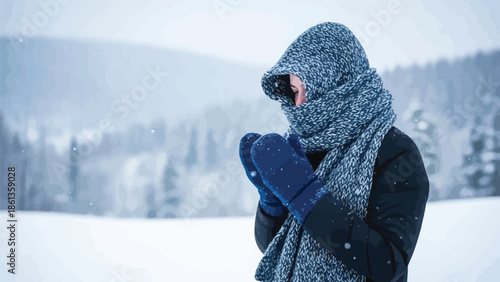 Person bundled up warmly in knitted scarf and blue mittens during a snowy winter day outdoors