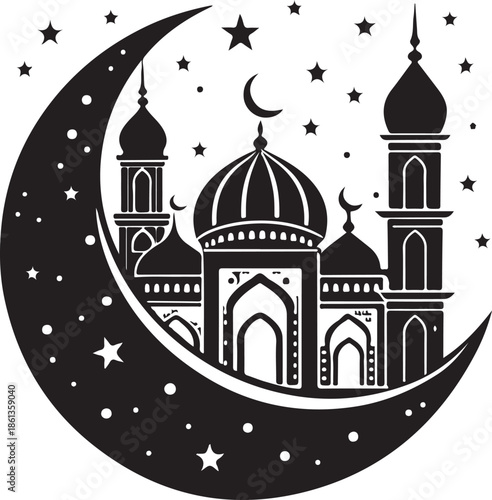 A vector illustration of the Taj Mahal landmark in India featuring the monument dome and palace architecture as a symbolic travel icon of religious art and tourism