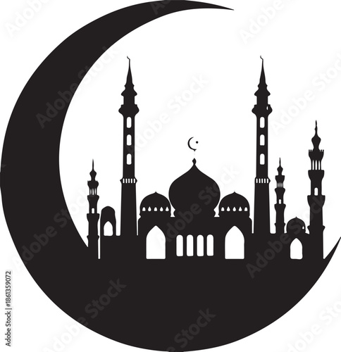 Vector illustration of a silhouette of a mosque in Istanbul featuring a dome and minaret as a famous landmark symbol of Turkish architecture and culture