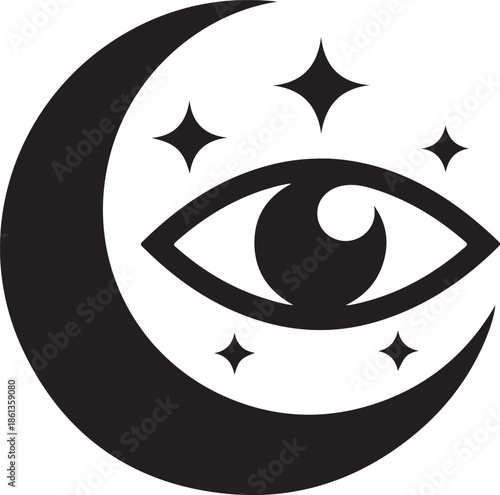 Mystical eye symbol with crescent moon and stars