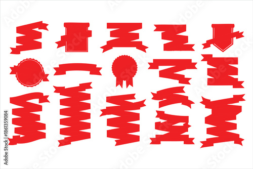 Collection of red banner and ribbon shapes with various styles and straight