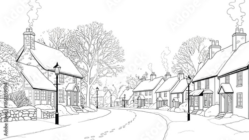 Charming black and white illustration of a quiet village street scene during a snowy winter morning
