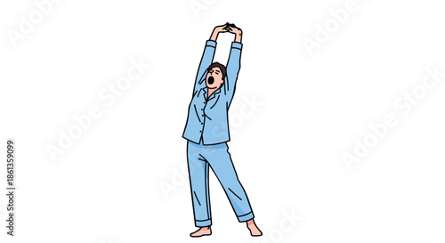 Morning ritual: person in comfy blue pajamas stretching arms overhead with a big yawn starting the new day refreshed