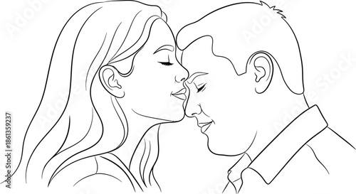 Outline drawing of a loving couple sharing a tender forehead touch coloring page vector art