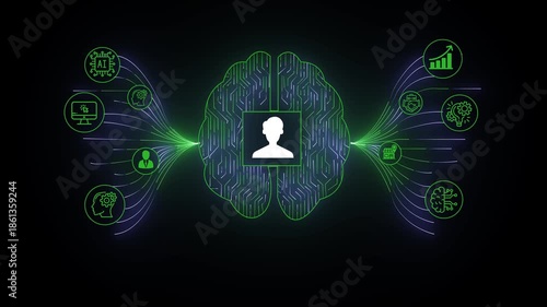 Animation  man assistant with LLM, big data, machine learning, and generative man powers prompt engineering and supports agentic. animation on the black background.