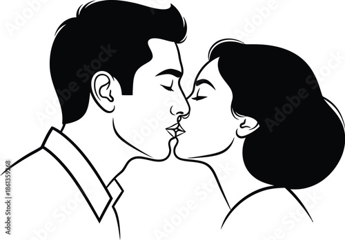 Minimalist black and white line art illustration of a romantic couple sharing a tender kiss