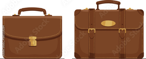Set of professional brown leather briefcase vector illustrations with gold hardware and stitching isolated on white background for business.