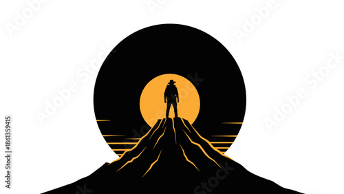 Silhouette of a lone cowboy standing on a mountain peak against a large sun.