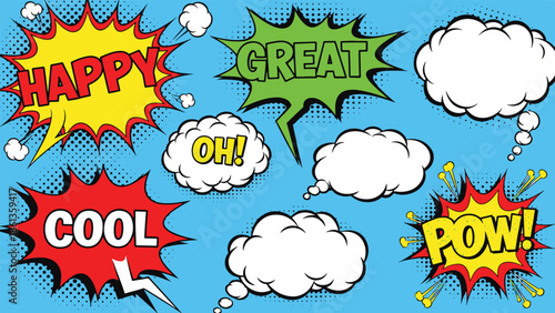 Vibrant Comic Speech Bubbles on a Bright Blue Background