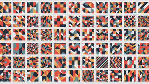 A vibrant collection of abstract geometric patterns displayed in a grid formation on a digital interface