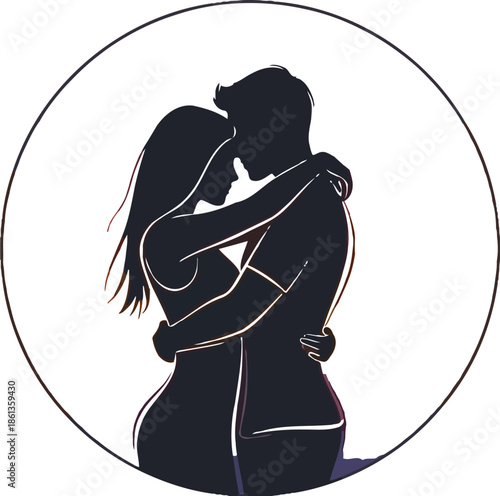 Silhouette of a loving couple embracing deeply against a vibrant gradient sunset over the ocean