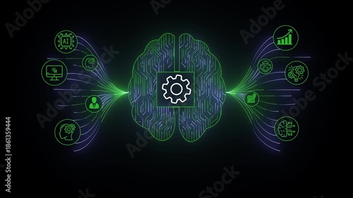 Animation  business assistant with LLM, big data, machine learning, and generative AI powers prompt engineering and supports agentic. animation on the black background.