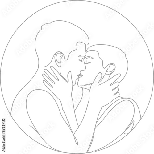 Minimalist continuous line art illustration depicting two men sharing a tender and passionate kiss inside a circle