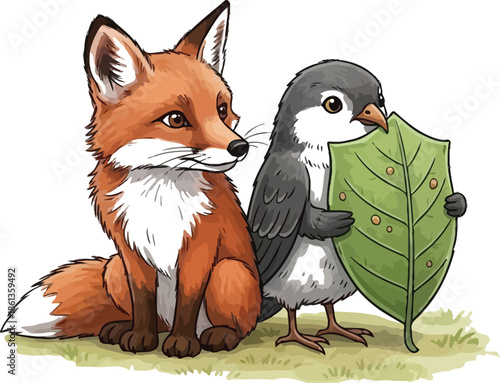 Cute cartoon fox and small bird hiding behind a large green leaf illustration