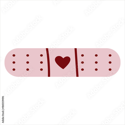 Cute Valentine's Day heart bandage vector. Pink adhesive medical plaster with a dark red heart. Flat coquette style illustration isolated for healthcare, self-love, and romantic card designs.