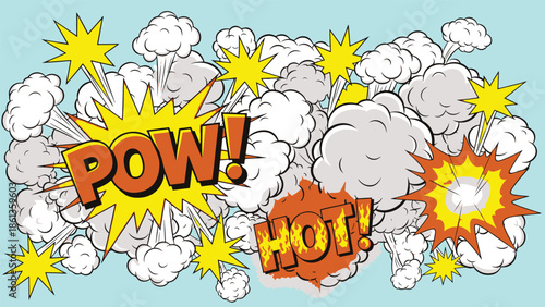 Explosion with Comic Style Pow and Hot Text amidst White Clouds on Blue Background
