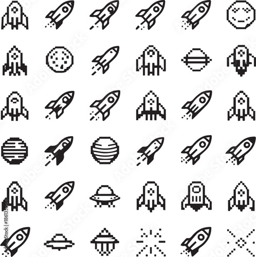 Pixel Art Rocket Ship Vector Icon Set Retro 8-bit Space Exploration Elements with UFO Planets and Spaceship for Video Game Assets