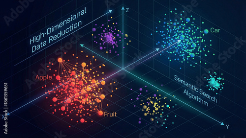 High-Dimensional Data Reduction and Semantic Search Algorithm 3D Visualization of Vector Space Clustering