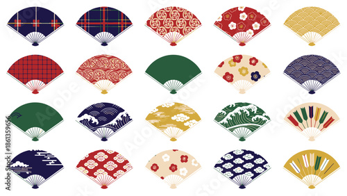 Collection of assorted traditional Asian fans displayed against a clean white background