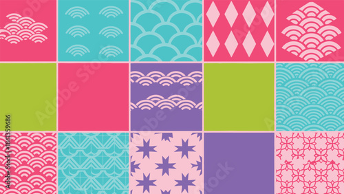 A vibrant collage of diverse patterns and shapes showcasing various designs and colors