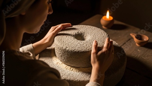 Mary grinding grain with two millstones in preparation for bread. Ancient biblical scene depicting daily life and traditional food.	