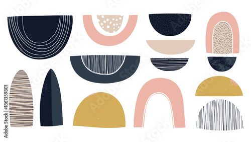 Collection of Abstract Geometric Shapes in Various Colors and Textures on a White Background