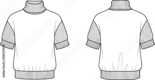 Technical flat sketch of women's short sleeve turtleneck knit top featuring a ribbed collar, elasticized hem, and gathered puff sleeves vector