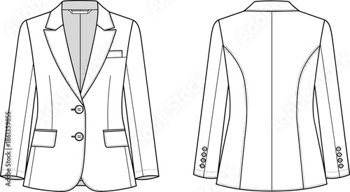 Technical flat sketch of women's tailored two-button blazer featuring notched lapels, flap pockets, welt chest pocket, and princess seams vector.