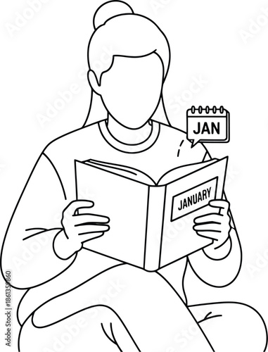 Woman is reading a book that signifies the start of the new year with a visible january calendar notification hovering above her head