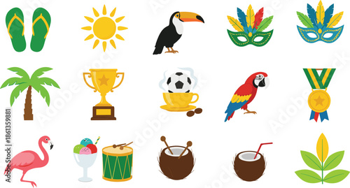Summer Tropical Icons Collection With Sun Birds Drinks And Carnival Elements Cartoon Vector Illustration Set