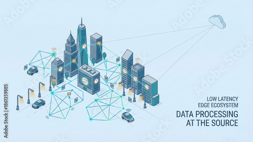 Isometric Edge Computing Smart City Ecosystem with Low Latency Data Processing Illustration