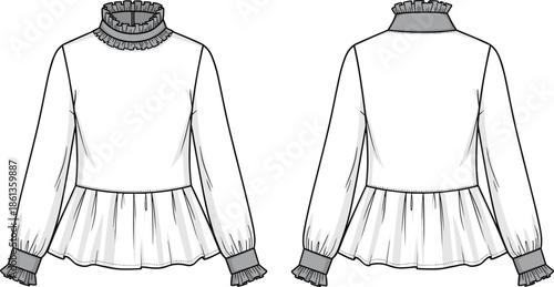 Women's fashion technical flat sketch of a ruffle collar peplum blouse featuring gathered long sleeves and pleated waist detail vector