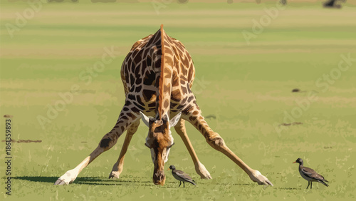Giraffe awkwardly spreads its long legs to drink water while small birds observe in the grassy field