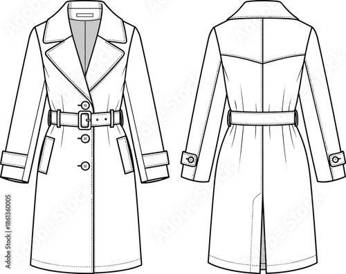 Technical flat sketch of women's single breasted trench coat featuring a belted waist, notched lapels, back yoke, and center vent.