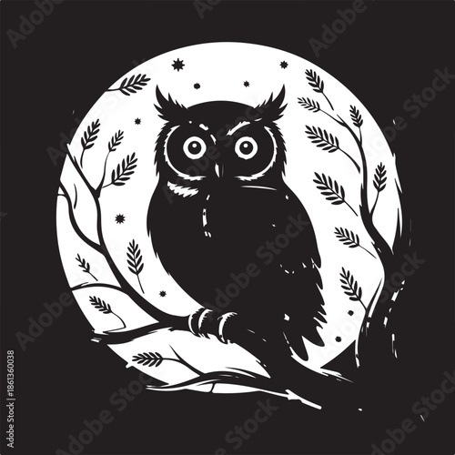 Owl perched on tree branch under the night sky