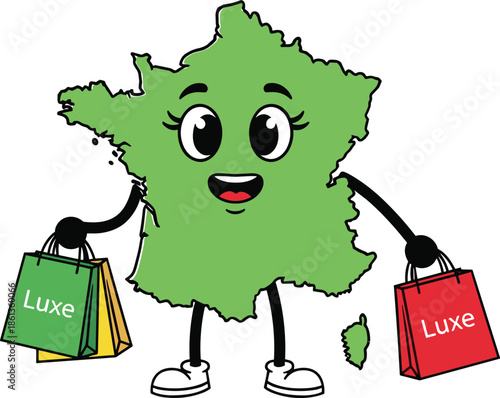 Cute France map mascot character holding shopping bags, cartoon illustration, tourism and shopping concept, fun travel design