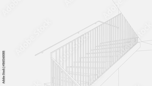 Architectural line drawing of a contemporary interior staircase featuring modern vertical bar railings and handrail detail