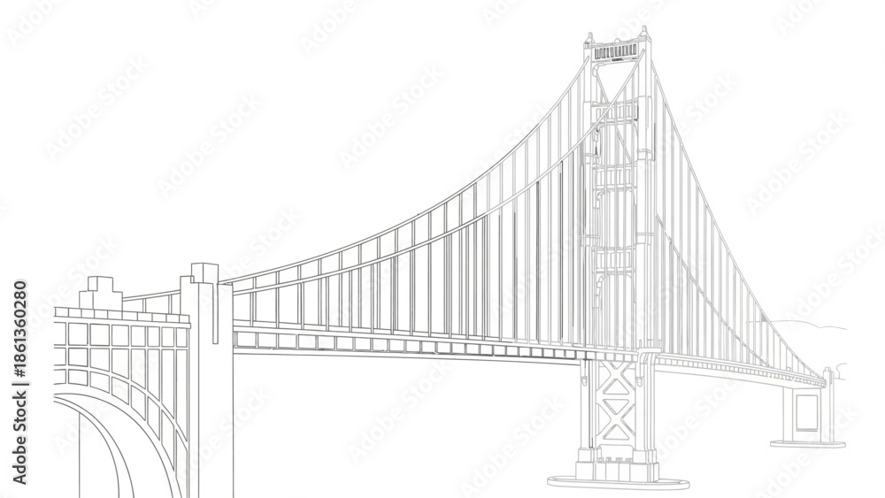 Fototapeta premium Minimalist Outline Drawing of a Large Suspension Bridge Structure for Architectural Design