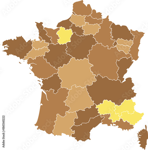 France regions map illustration, administrative divisions highlighted, geographic vector design, political map concept, colorful regions, modern flat style