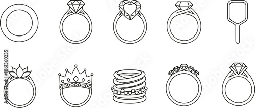 Collection of ten minimalist black line art icons representing various styles of elegant jewelry rings and band designs