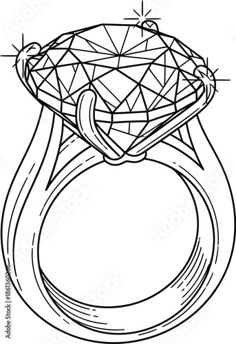Elegant black and white line art illustration of a brilliant cut solitaire diamond engagement ring design
