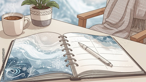 A serene morning scene with an open notebook, pencil, coffee cup, and potted plant on a table