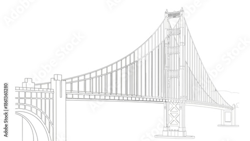 Minimalist Outline Drawing of a Large Suspension Bridge Structure for Architectural Design