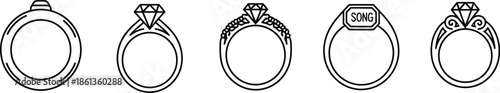 Collection of five distinct black and white line art icons representing different styles of jewelry rings
