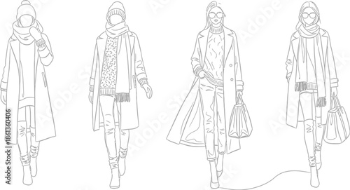 Fashionable ladies showcasing stylish winter outfits including long coats knitted sweaters scarves hats and boots for coloring pages