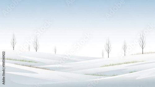 Snowy landscape with bare trees on rolling hills under clear blue sky