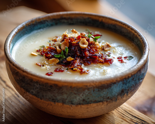 Close-up of creamy onion soup in artisan ceramic bowl topped with caramelized onions, herbs, peanuts, and chili flakes on rustic wooden table in soft natural light

